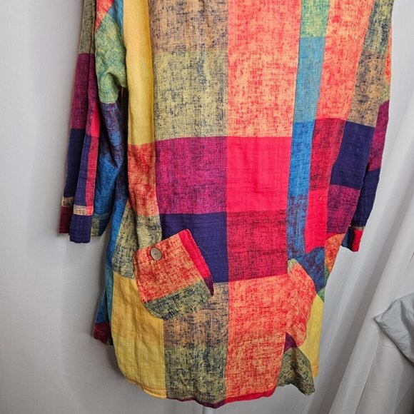 TERRA SJ Apparel Patchwork Multicolor Button Shirt Ruffle Collar Tunic Large - Picture 7 of 13